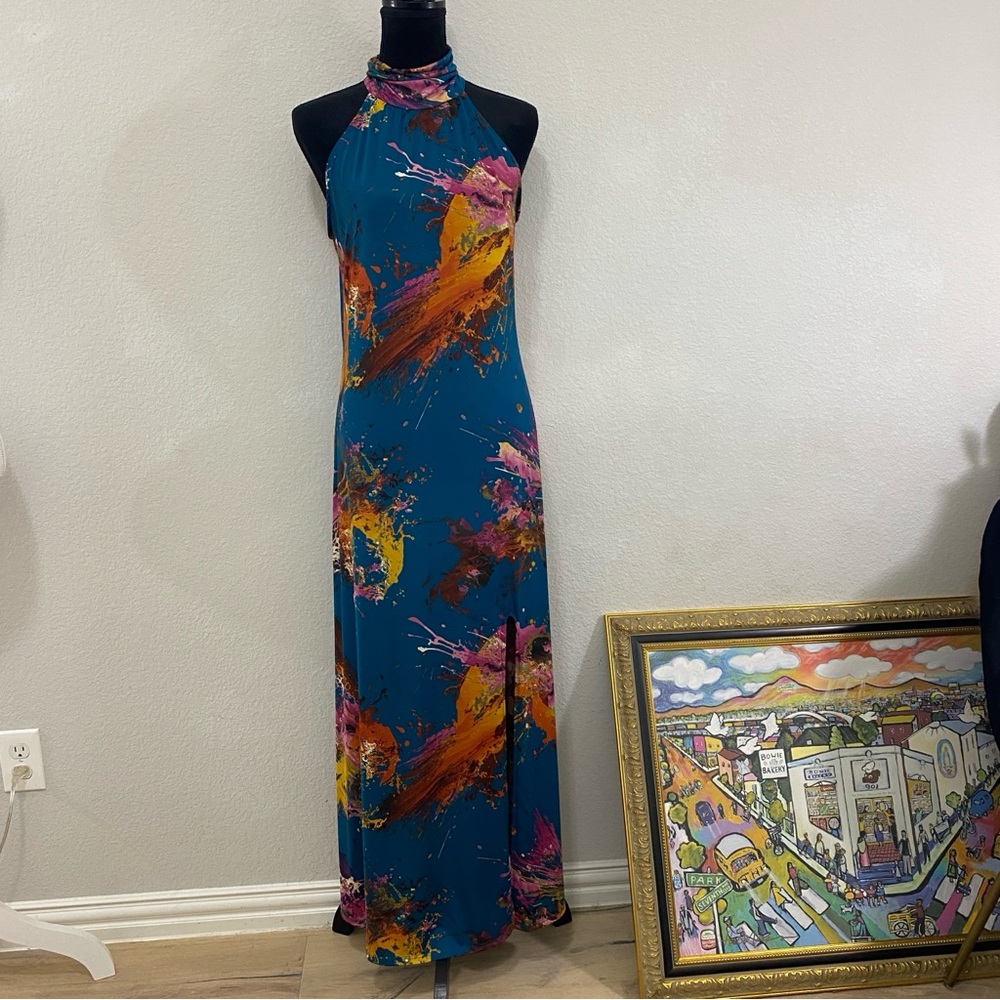 Ariella Vibrant Blue Halter Dress, High Neck, Soft, Size M